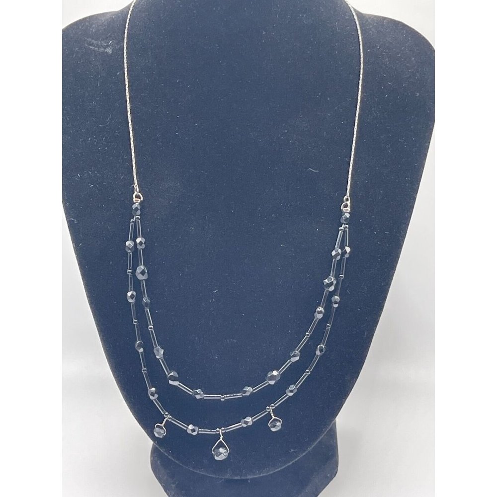 Black Beaded Rope Layered Faceted Necklace Length 17 Inches